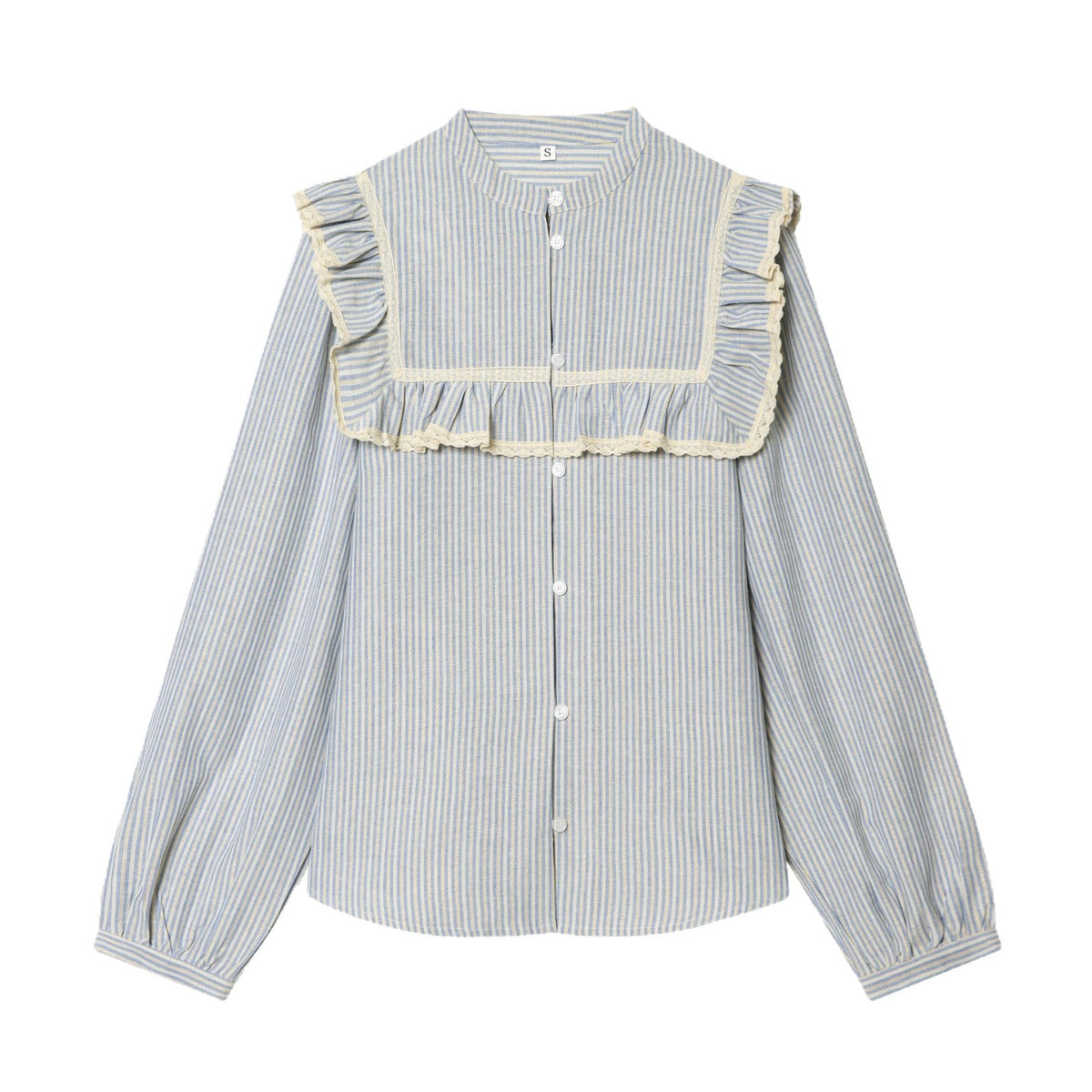 Women Striped Cotton Blouse with Square Bust Yoke, Ruffle and Lace Trim Fashion Glam