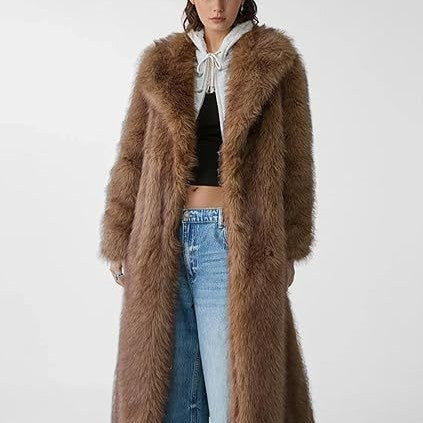 Women's Elegant Maxi Faux Fur Coat with Wide Shawl Collar and Straight Cut Fashion Glam