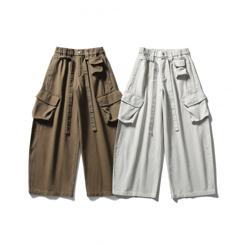 Unisex Wide Cargo Cropped Pants with High Elastic Waistband, Multiple Pockets and Drawstring Fashion Glam