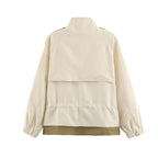 Women's lightweight utility jacket with drawstring waist gathering, stand-up collar, and flap pockets Fashion Glam