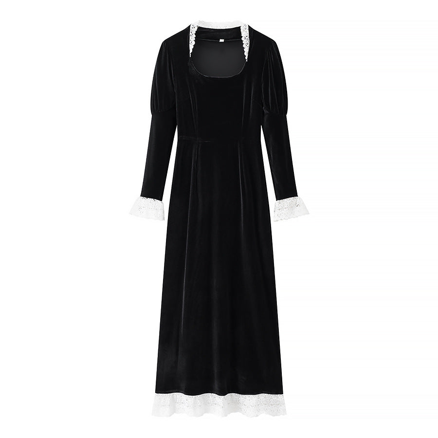 Ladies' velvet maxi dress with square neckline, lace trim, and puff sleeves Fashion Glam