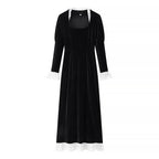 Ladies' velvet maxi dress with square neckline, lace trim, and puff sleeves Fashion Glam