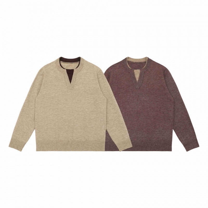Unisex Mélange-knit sweater with half-neck V-slit and contrasted inner waistband Fashion Glam