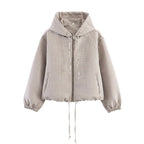 Women's Cropped Puffer Jacket with Hood, Drawstring and Check Pattern Fashion Glam