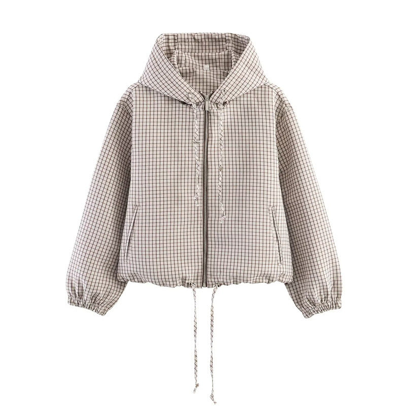 Women's Cropped Puffer Jacket with Hood, Drawstring and Check Pattern Fashion Glam