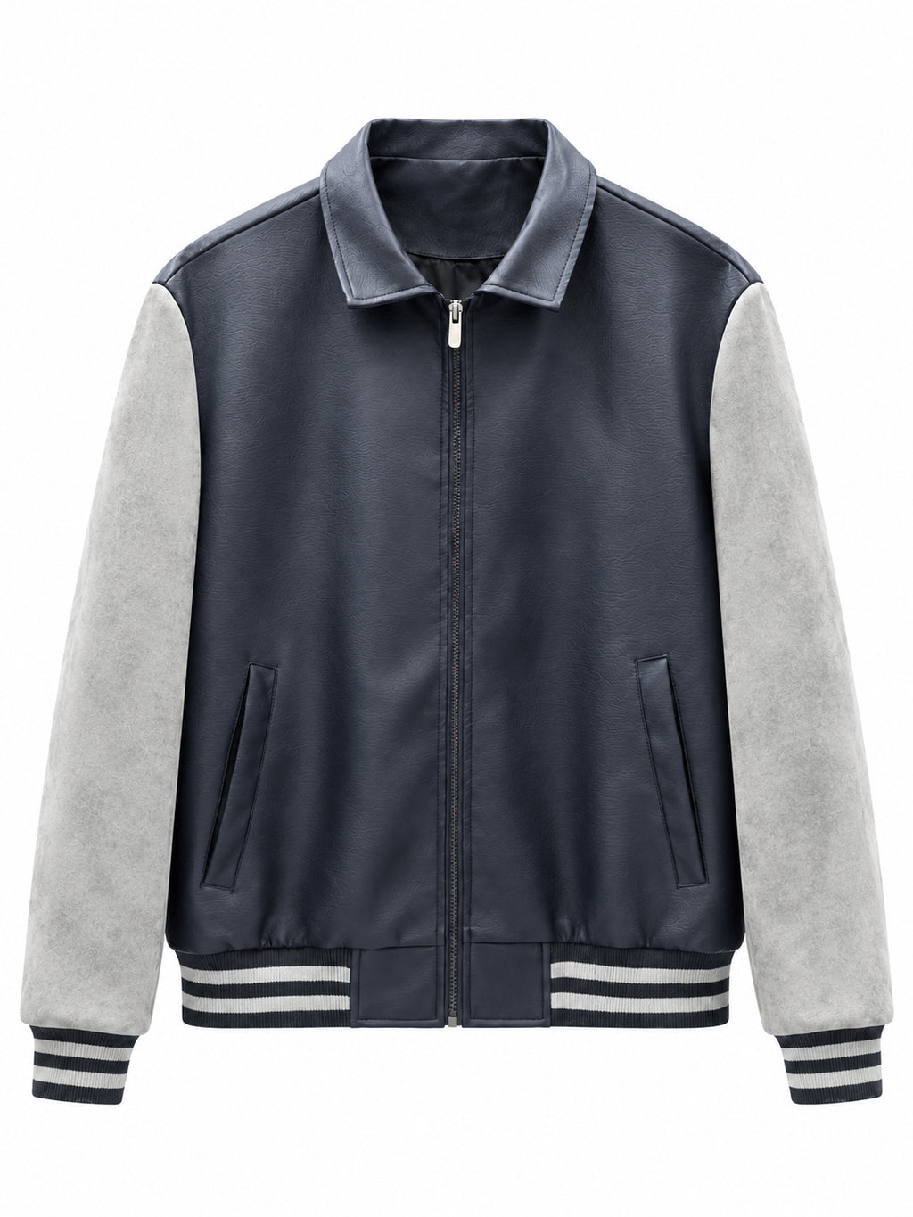 Men's Retro Letterman Bomber with Smooth Faux Leather Body and Velvet Sleeve Detail Fashion Glam