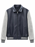 Men's Retro Letterman Bomber with Smooth Faux Leather Body and Velvet Sleeve Detail Fashion Glam