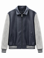 Men's Retro Letterman Bomber with Smooth Faux Leather Body and Velvet Sleeve Detail Fashion Glam