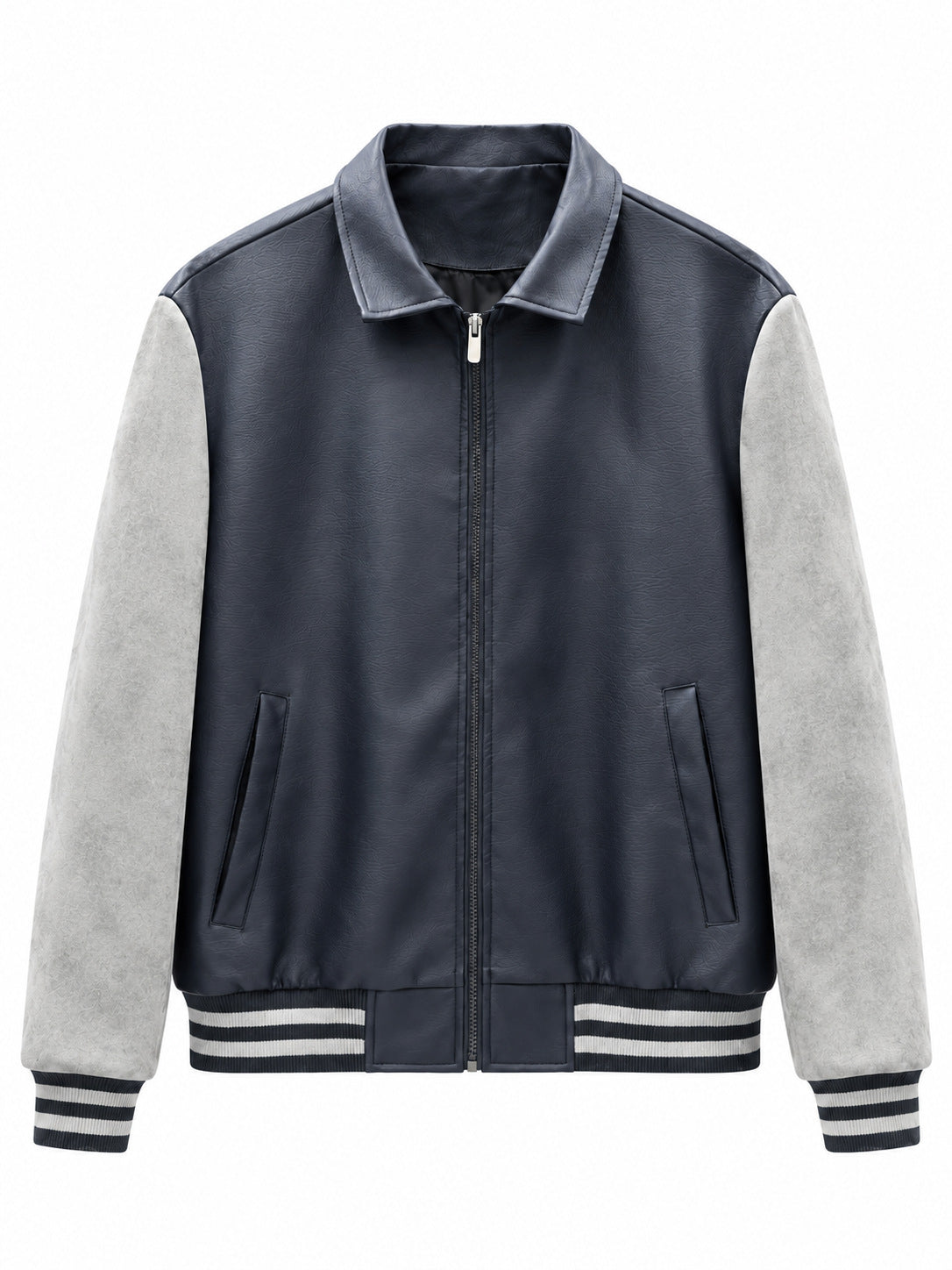Men's Retro Letterman Bomber with Smooth Faux Leather Body and Velvet Sleeve Detail Fashion Glam