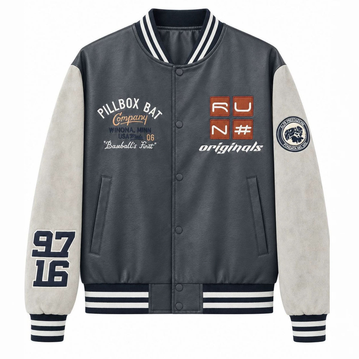 Men's varsity bomber jacket in retro college style with faux leather body and contrast sleeves Fashion Glam