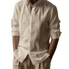 Men's Elegant Linen Shirt with Stand Collar and Button Details Fashion Glam