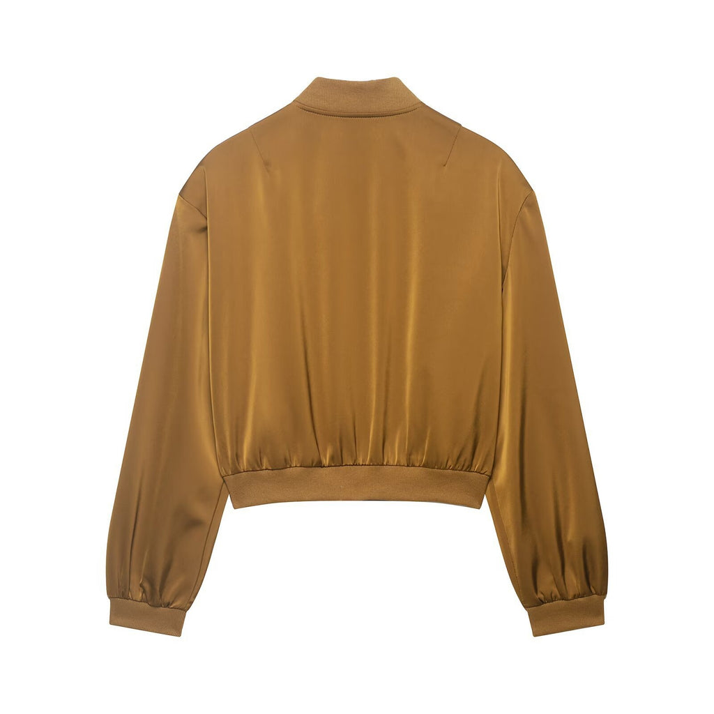 Women Cropped Satin Bomber Jacket with Zipper, Flap Pockets and Ribbed Cuffs Fashion Glam