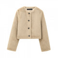 Women's Cropped Teddy Jacket with Straight Hem, Round Neck and Horn Button Closure Fashion Glam