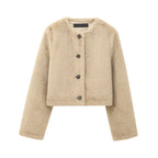 Women's Cropped Teddy Jacket with Straight Hem, Round Neck and Horn Button Closure Fashion Glam