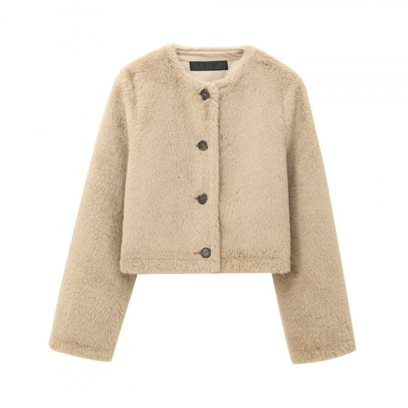 Women's Cropped Teddy Jacket with Straight Hem, Round Neck and Horn Button Closure Fashion Glam