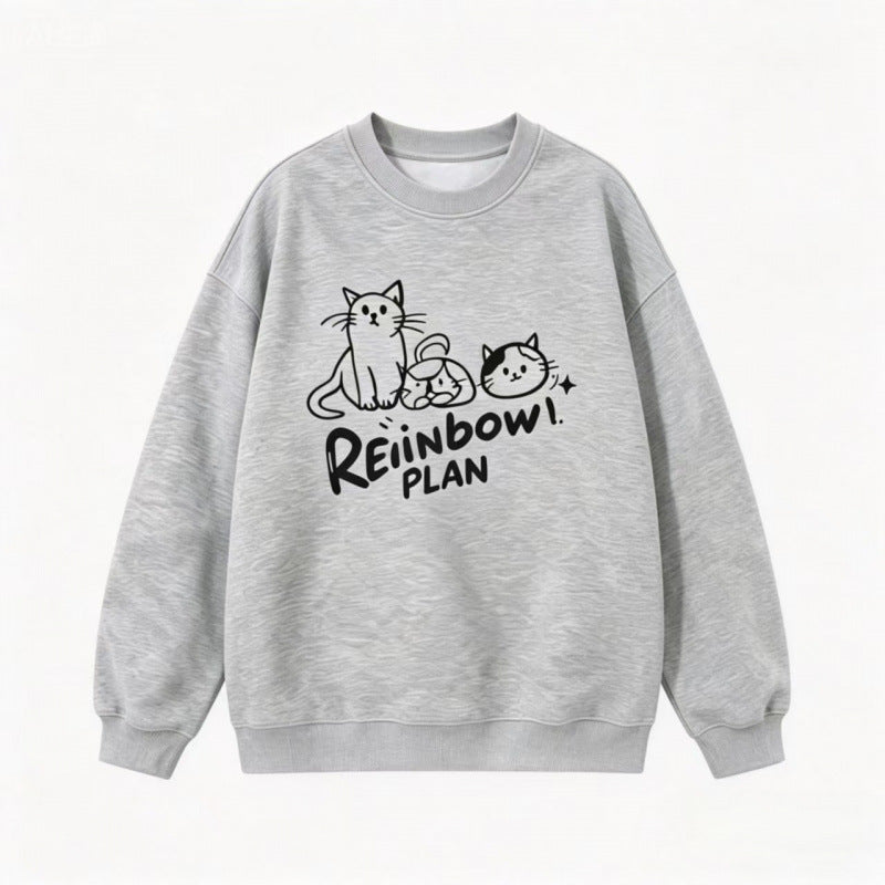 Unisex Oversize Cotton Sweatshirt with Cat Print, Round Neck and Ribbed Cuffs Fashion Glam