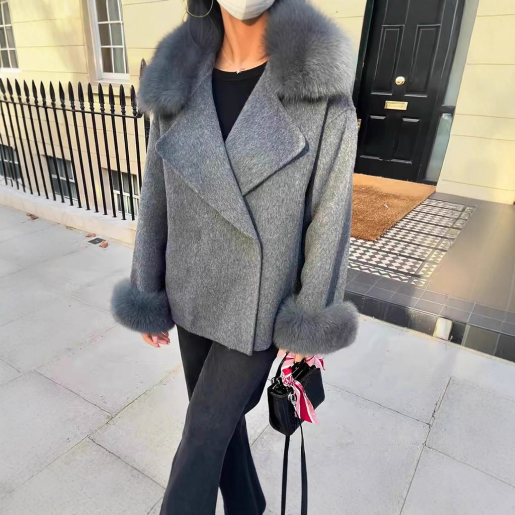 Women Short Wool Blend Coat with Removable Faux Fur Collar and Cuffs Fashion Glam