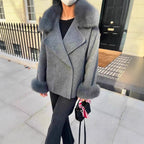 Women Short Wool Blend Coat with Removable Faux Fur Collar and Cuffs Fashion Glam