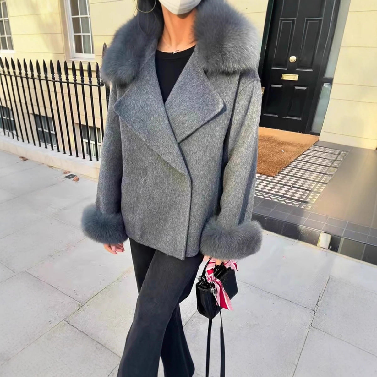 Women Short Wool Blend Coat with Removable Faux Fur Collar and Cuffs Fashion Glam