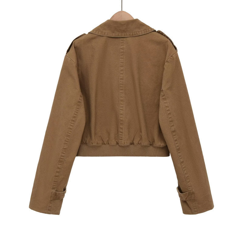 Women's Short Cut Utility Jacket in Field Style with Wide Lapels and Tailored Waistband Fashion Glam