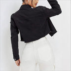Women's Cropped Denim Jacket with Studded Collar, Frayed Hem and Flap Pockets Fashion Glam