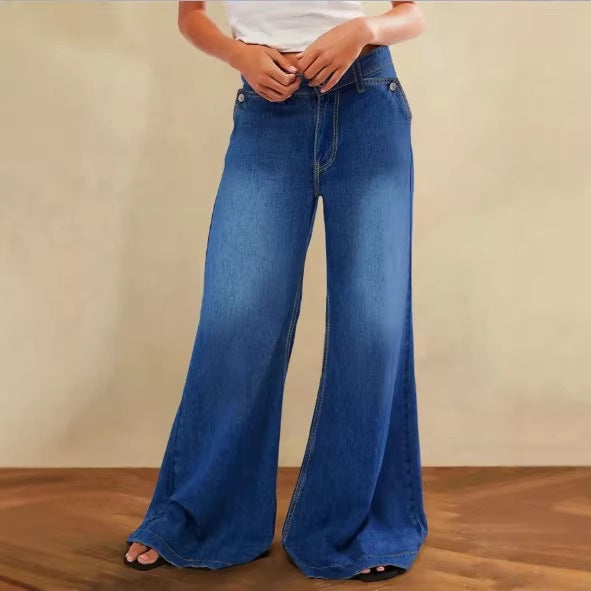 Women High-Waist Denim Palazzo Pants with Flowing A-Line and Wide Leg Fashion Glam