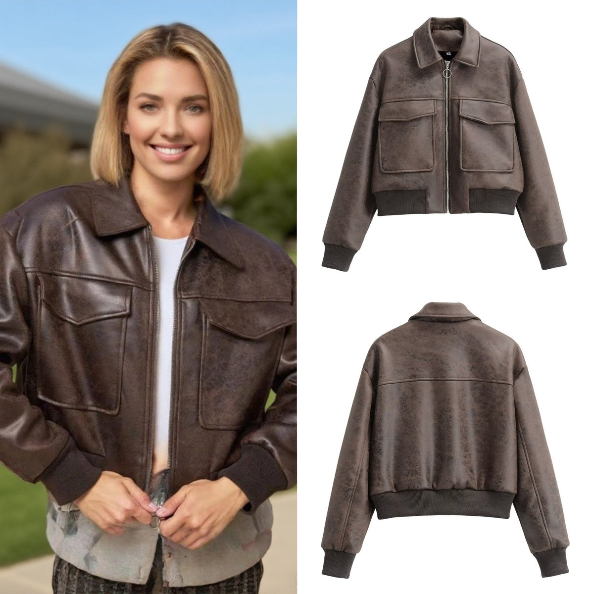 Women Short Cut Bomber Jacket made of Faux Leather with Large Flap Pockets Fashion Glam