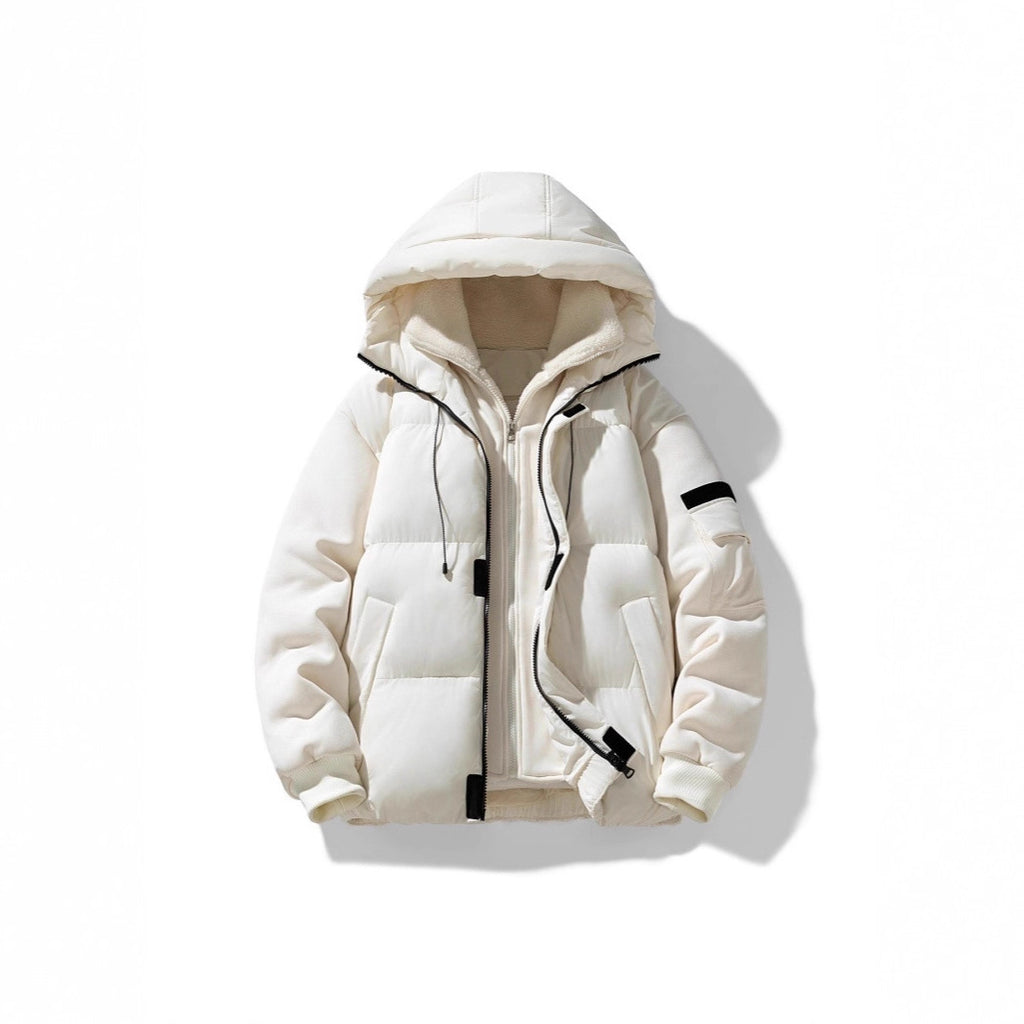 Men's padded hooded jacket with teddy lining and contrasting softshell sleeves Fashion Glam