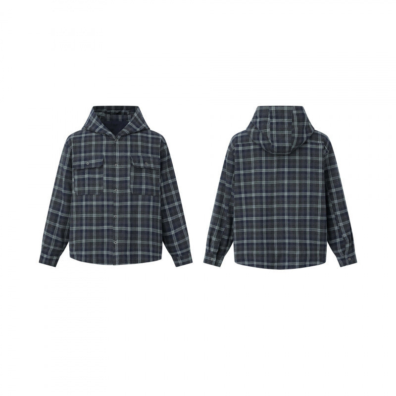 Unisex Boxy Hooded Overshirt in Flannel with Patch Pockets Fashion Glam