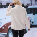 Women's fluffy fleece cuddle pullover with half zipper, kangaroo pocket and stand-up collar Fashion Glam