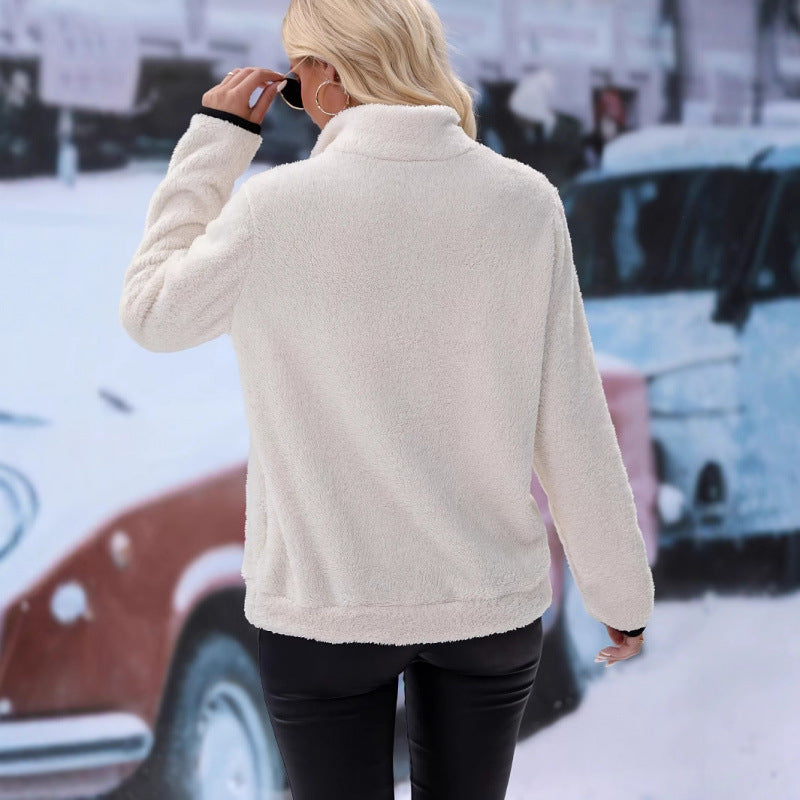 Women's fluffy fleece cuddle pullover with half zipper, kangaroo pocket and stand-up collar Fashion Glam