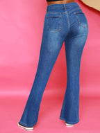 Women's High-Waisted Flared Jeans with Visible Button Placket and Sculpting Superstretch Comfort Fashion Glam