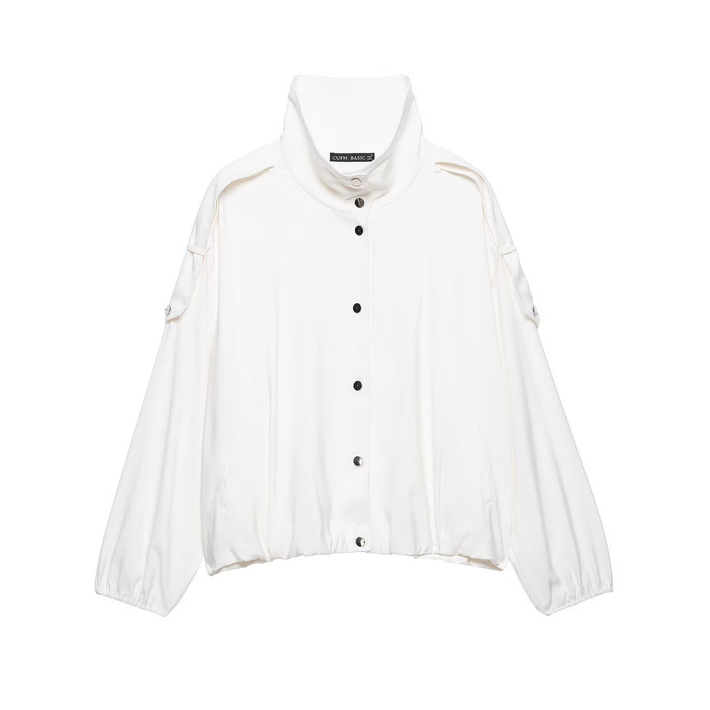 Women Oversize Blouson Jacket with Stand-Up Collar and Snap Front Fashion Glam