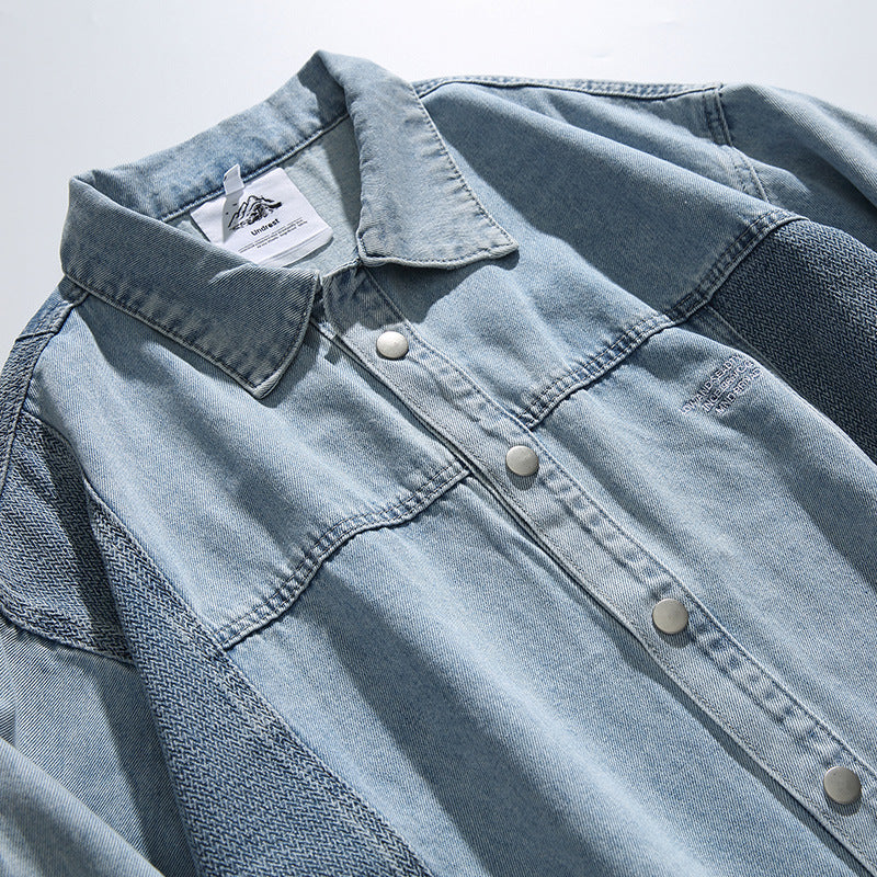 Unisex Oversized Jeans Jacket with Contrasting Woven Panels and Snap Button Closure Fashion Glam