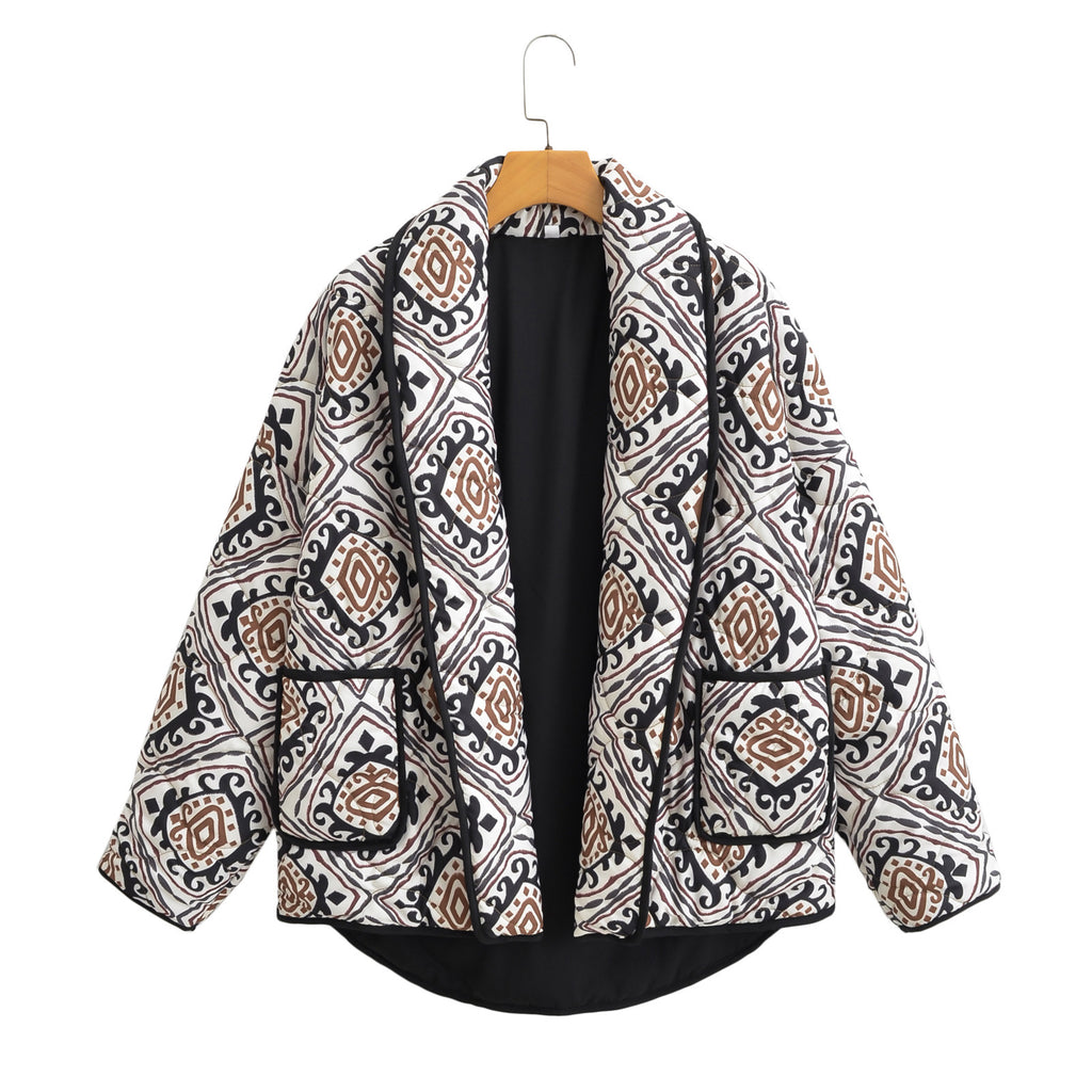 Women's quilted kimono jacket with graphic ethnic print and waist belt Fashion Glam