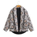 Women's quilted kimono jacket with graphic ethnic print and waist belt Fashion Glam