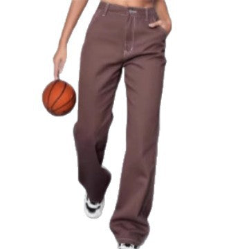 Women Relaxed-Fit Chino Pants with High Waist and Visible Contrast Seams Fashion Glam