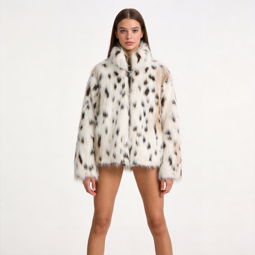 Women's short coat made of faux fur in spotted design with high collar Fashion Glam
