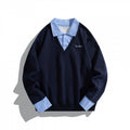 Unisex Layered Look Sweatshirt with V-Neck, integrated Shirt Collar and Striped Cuffs Fashion Glam
