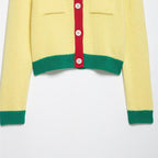 Women Short Chunky Knit Cardigan with Contrast Trims and Decorative Flap Pockets Fashion Glam