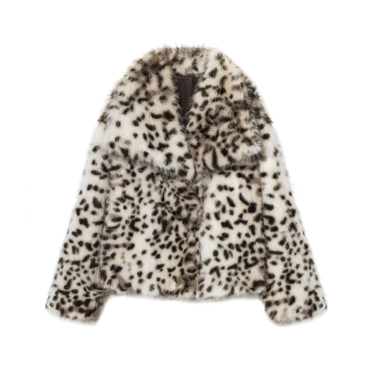 Ladies short jacket made of faux fur with leopard print and voluminous shawl collar Fashion Glam