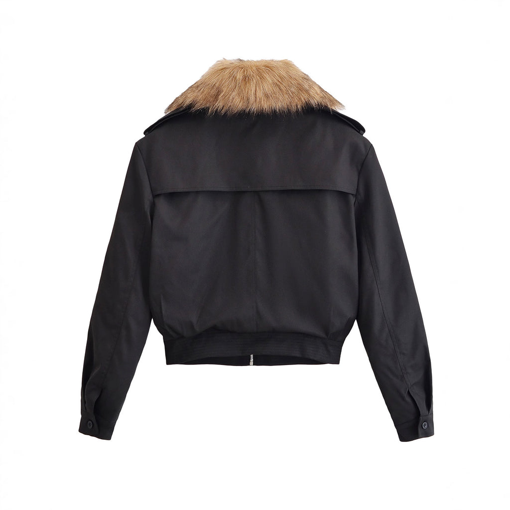 Ladies Short Bomber Jacket with Removable Faux Fur Collar Fashion Glam