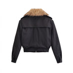 Ladies Short Bomber Jacket with Removable Faux Fur Collar Fashion Glam