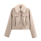 Ladies short wool jacket with voluminous fur collar, snap-button front and patch chest pockets Fashion Glam