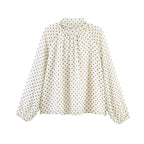 Women Loose Blouse with High Stand Collar, Balloon Sleeves and Polka Dot Print Fashion Glam