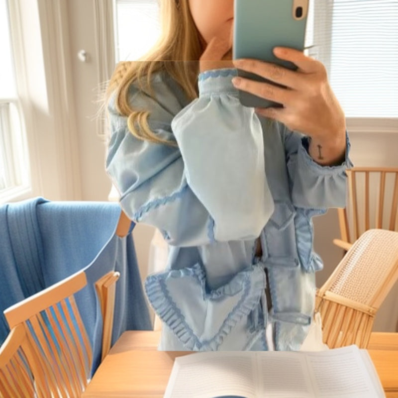 Ladies Playful V-Neck Blouse with Ruffled Heart Pockets and Front Ties Fashion Glam