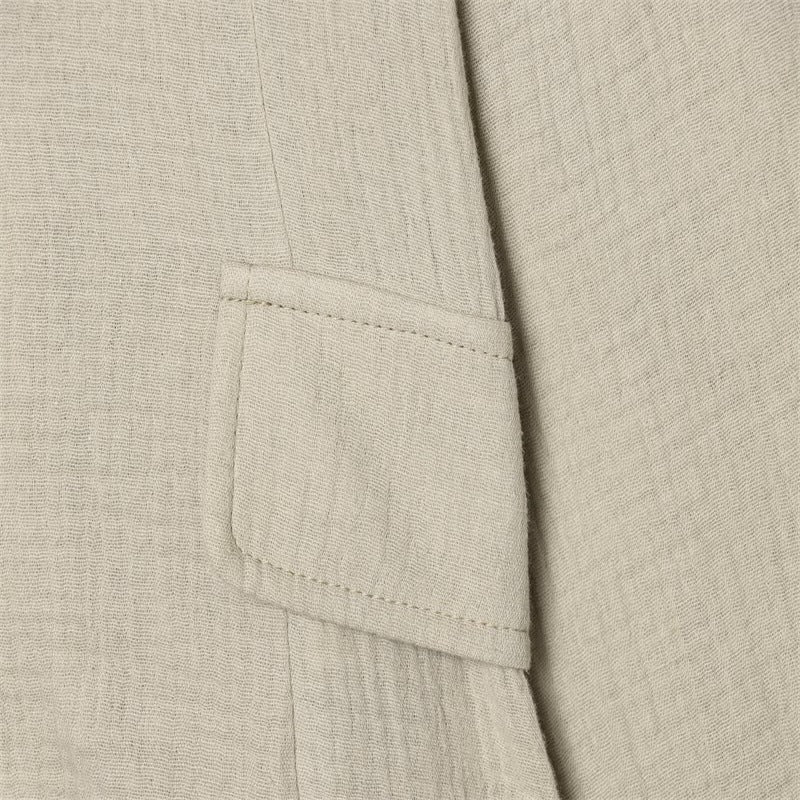 Women Boxy Linen Blazer with Stand Collar, Decorative Button Placket and Patch Pockets Fashion Glam