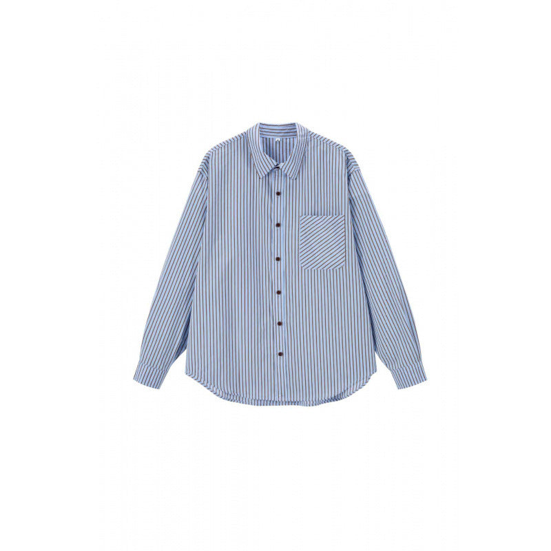 Unisex Oversized stripe shirt with diagonal striped chest pocket, Kent collar and rounded hem Fashion Glam