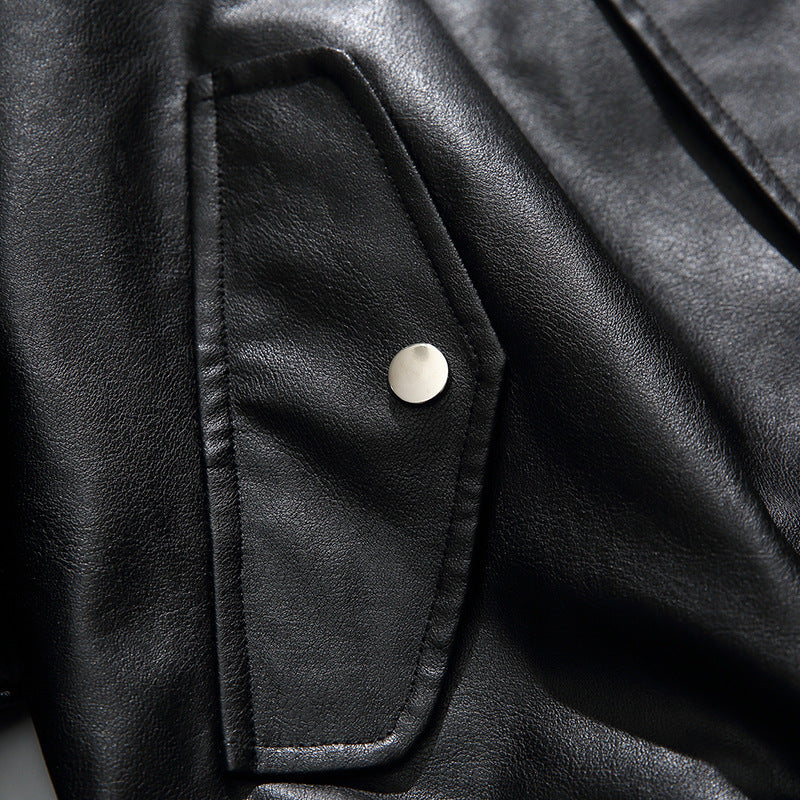 Men's Boxy Faux Leather Blouson Jacket with Stand Collar Snap Placket and Elastic Hem Fashion Glam