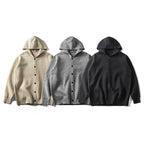 Unisex Hooded Knitted Cardigan with Continuous Button Placket and Ribbed Cuffs Fashion Glam